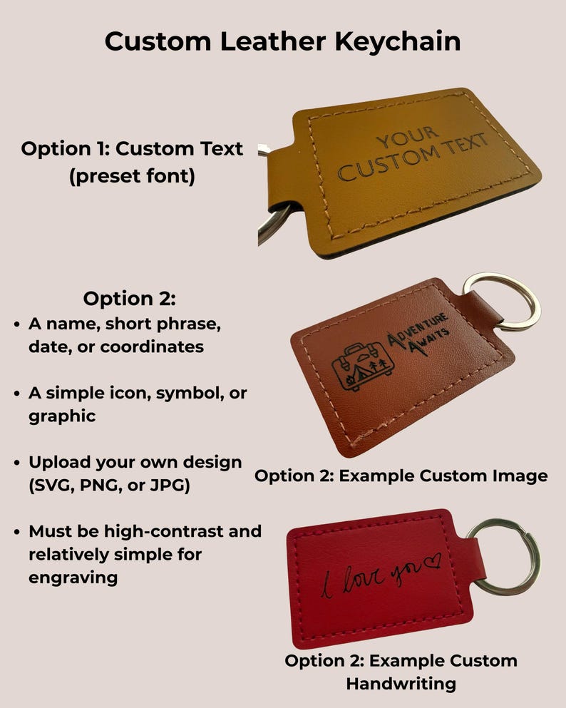 May include: Custom leather keyrings with personalised options. One keyring is tan with "YOUR CUSTOM TEXT". Another is brown with "ADVENTURE AWAITS" and a graphic. A red keyring has "I love you♡".