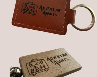 Adventure Awaits Keychain – Wood or Leather | Minimal Engraved Travel Keychain