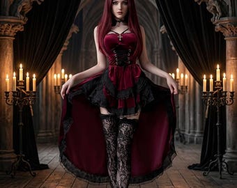 May include: A deep red velvet dress featuring a corset-style bodice with black lace trim, a high-low hemline, and a silver cross pendant necklace. The outfit is paired with black floral lace thigh-high stockings and black lace-up ankle boots.