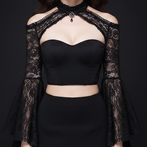 Black Lace Gothic Bolero Shrug | Flare Sleeve Crop Cardigan | Victorian Vampire Shoulder Wrap | Witchy Festival Cover Up | Goth Top