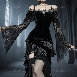 May include: Black velvet off-the-shoulder dress with lace bell sleeves and a ruffled skirt. The dress features a lace choker and a pendant necklace. The dress is a gothic style.
