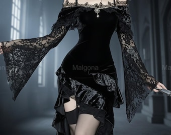 Gothic Lace Maxi Dress with Asymmetrical Off Shoulder Design Dark Flocking Halloween Outfit Gothic Style Dress for Women