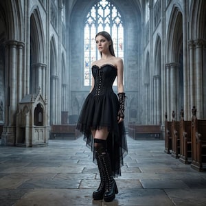 Puede incluir: Un vestido corsé negro sin tirantes con falda de tul asimétrica, combinado con guantes de encaje negro sin dedos, medias negras hasta el muslo y botas negras con cordones y plataforma. El conjunto es monocromático y de textura variada.
