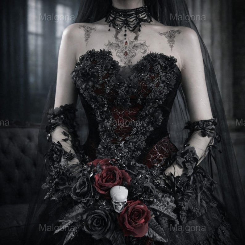May include: A strapless black corset dress featuring dark floral embellishments, a deep red underlay, and a matching black veil. The ensemble includes a beaded choker, sheer arm sleeves, and a bouquet of dark red roses accented with a white skull.