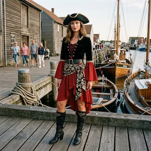 May include: A pirate costume featuring a black velvet long-sleeve top with a lace-up front, a red high-low skirt, a black belt with a gold buckle, a patterned sash with skull motifs, a black tricorn hat, and black knee-high boots with gold accents.