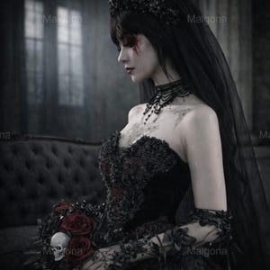 May include: A black strapless gown with intricate beadwork and lace detailing, paired with a matching black veil, a beaded choker necklace, and sheer lace arm sleeves. A bouquet of dark red roses and a small white skull is held in the foreground.