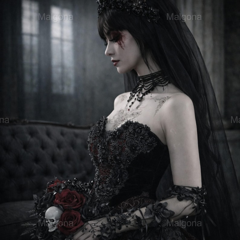 May include: A black strapless gown with intricate beadwork and lace detailing, paired with a matching black veil, a beaded choker necklace, and sheer lace arm sleeves. A bouquet of dark red roses and a small white skull is held in the foreground.