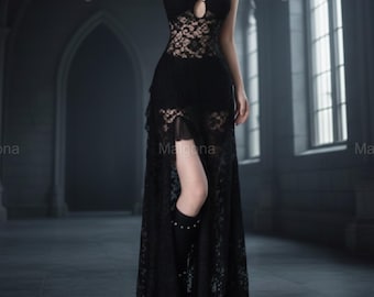 Women's Gothic Lace Midi Dress, Cut Out Patchwork Cami Dress, Irregular Split Hem Bodycon Dress, Halloween Party, Y2K Alt Fashion