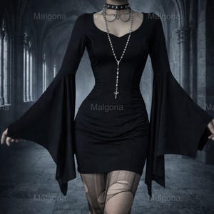 Women's Gothic Bodycon Mini Dress, Black Batwing Bell Sleeve Dress, Witchy Halloween Party Outfit, Vampire Alt Fashion