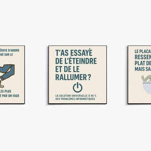 May include: Three framed prints with humorous tech-related text and illustrations. One shows a person tripping over a cable, another a power button, and the last a bowl of spaghetti. The prints are square and have a neutral background.