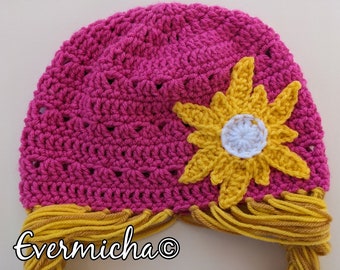 Bright Pink Rapunzel Hat With Blond Hair and Sun Daisy