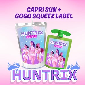 May include: Two juice pouches with the text "HUNTRIX GOLDEN" and a group of animated figures. One pouch is clear with a straw, the other is green with a green cap. The text "CAPRI SUN + GOGO SQUEEZ LABEL" is at the top.