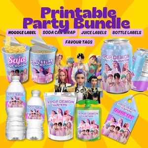 Etiquetas de K-pop de Demon Hunter, Paquete para fiesta de cumpleaños de K-pop, Tema de cumpleaños inspirado en Demon Hunter de K-pop, Artículos para fiestas de K-pop, Recuerdos de fiesta imprimibles