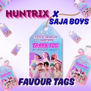 K-Pop Demon Hunter Thank You Tags, Printable Party Favor Tags, Huntrix Saja Boys Birthday Gift Tags, Kpop Favour Tags
