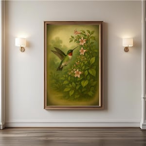 Illustration av kolibri med vintagefågel | Digitalt konsttryck av vilda djur | Poster med naturhistorisk fågel