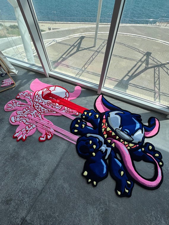 Symbiote Stich Inspired X-Ray Tufted Rug, Blue Alien Double Layered Handmade Rug