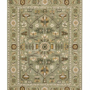 May include: A rectangular area rug with an intricate, symmetrical design. The rug features a muted green background with a central medallion and floral patterns in shades of brown, beige, and gold. A detailed border frames the design.