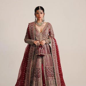 Maroon Bridal Wedding wear | Indian Bridal Anarkali Gown or Lehenga Choli, Designer Mehndi Engagement Guest Outfit