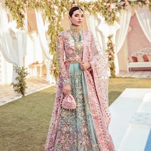 Pink and Aqua Bridal Lehenga, Embroidered Pakistani Wedding Dress with Dupatta Designer Nikkah Mehendi Engagement Dress, Formal Maxi Dress