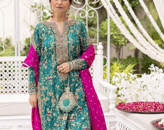 Teal Green Ethnic Dress with Golden Embroidery & Fuchsia Dupatta – Pakistani/Indian Wedding Guest Outfit