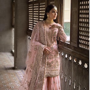 Handcrafted Bridal Sharara Suit | Pakistani Indian Designer Outfit | Mehndi, Barat & Nikkah Gharara Dress