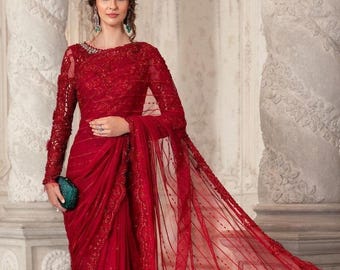 Red Embroidered Net Saree: Indian Pakistani Wedding Outfit