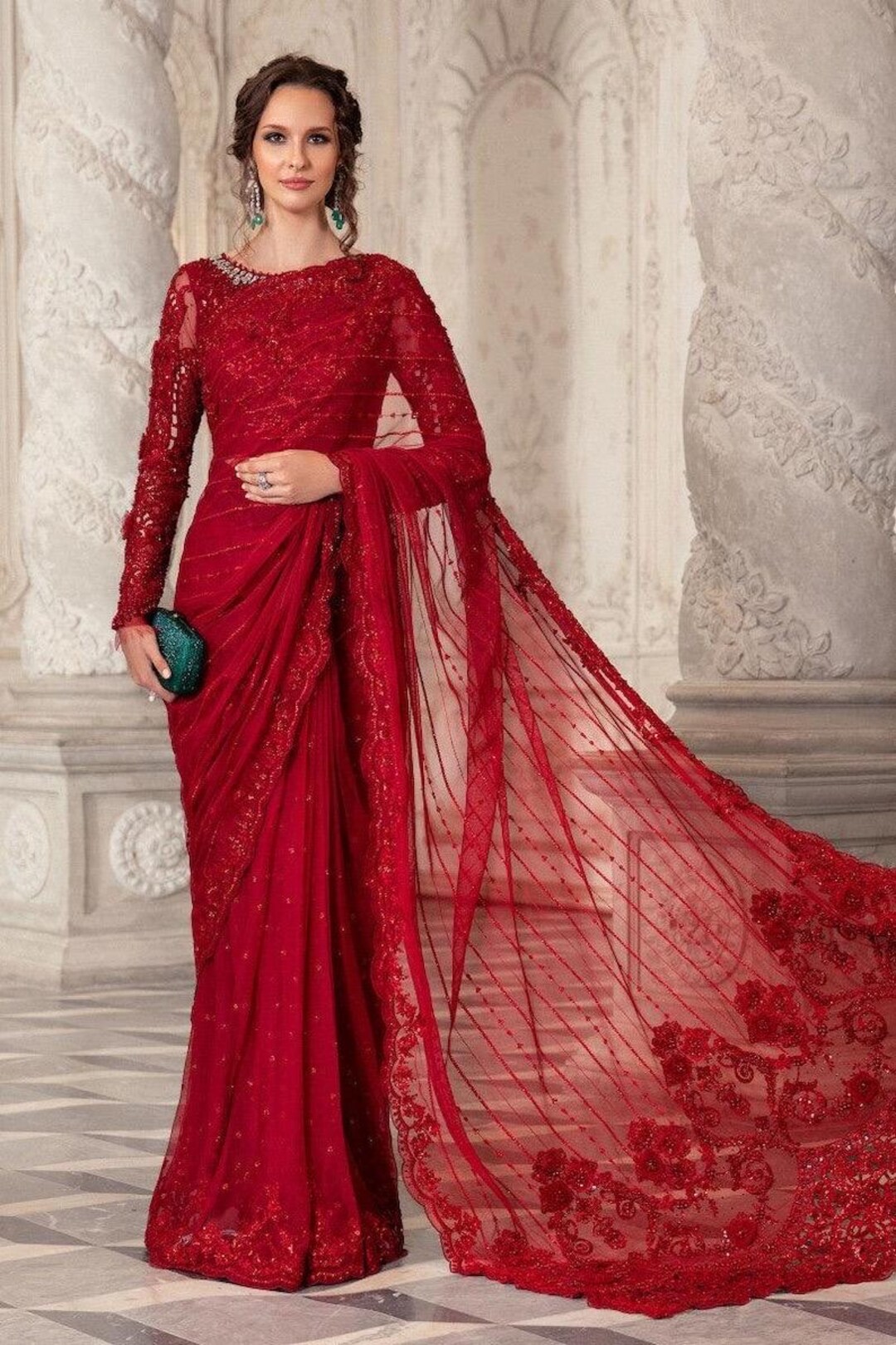 red dress saree Red Satin Ready To Wear Saree With Plain Body Paired with Designer Blouse