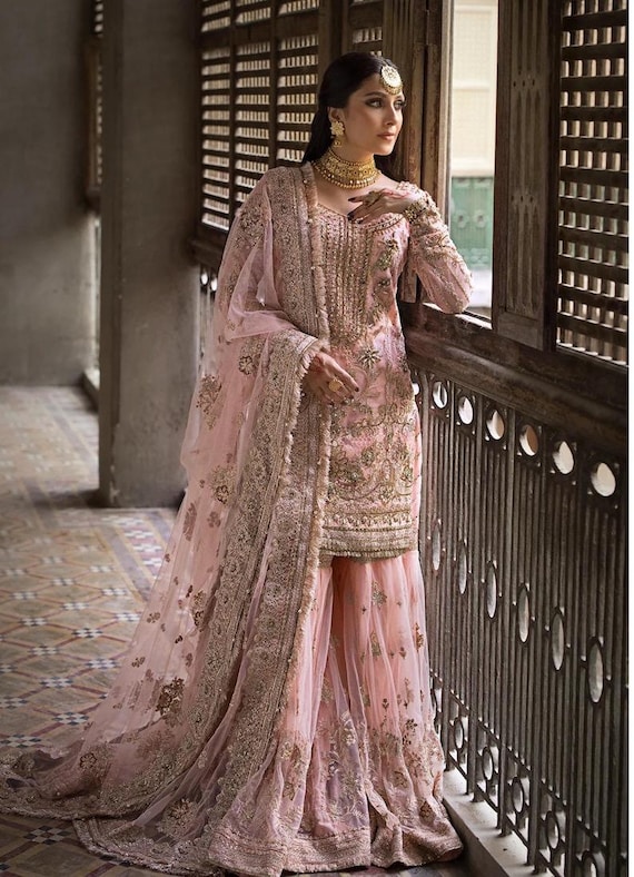 light pink sharara dress Baby Pink Organza Sharara Suit With Thread, Foil Mirror Work And Soft Net  Dupatta