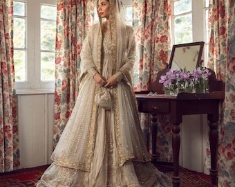 Hand Embroidered Champagne Gold Bridal Lehenga: Pakistani Wedding Dress , Indian blouse, Nikkah / Mehndi/ Engagement / Walima outfit