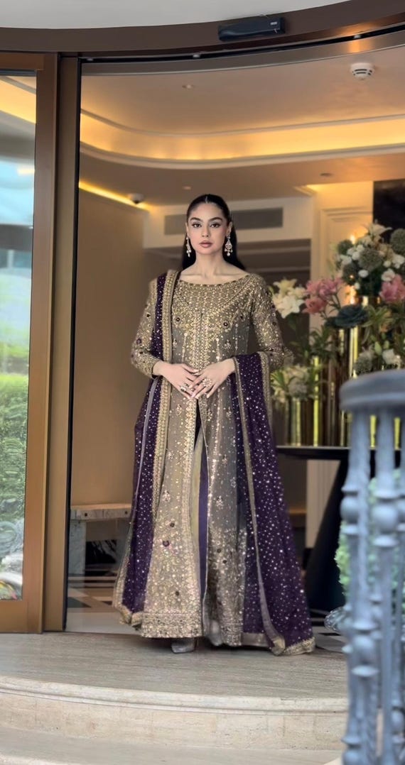Luxurious pista green hand-embroidered formal long dress with intricate gold embellishment Pakistani/Indian Wedding Outfit