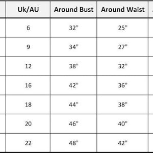 May include: A size chart with measurements in inches. The chart includes sizes XS to 3XL, with corresponding US and UK/AU sizes, bust, waist, hip, and shoulder measurements. The chart is designed for clothing.
