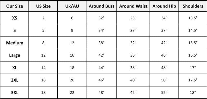 May include: A size chart with measurements in inches. The chart includes sizes XS to 3XL, with corresponding US and UK/AU sizes, bust, waist, hip, and shoulder measurements. The chart is designed for clothing.