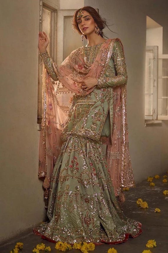 Embroidered Mint Green Gharara: Pakistani Wedding Outfit with Peach Dupatta , Eid outfit , Party wear dress , Nikah,Engagement,Mehndi outfit