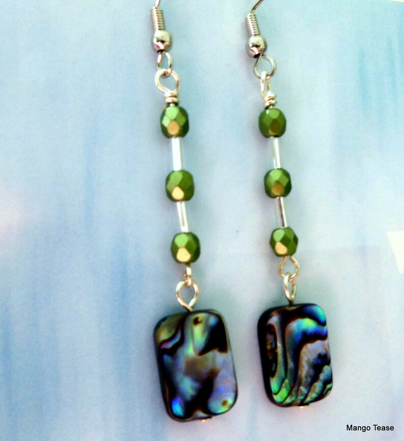 FREE US SHPIPING Beach Jewelry Mango Tease Abalone Paua Rectangle Shell Bead Glass Bead Dangle Earrings
