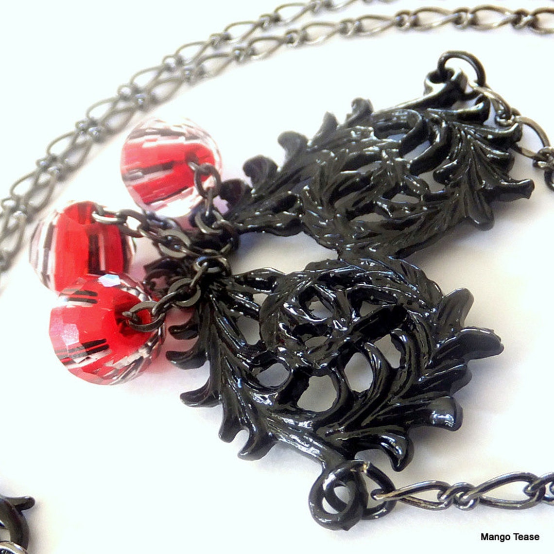 Black Heart Beauty Necklace Metal Heart Red Striped Beads - Etsy