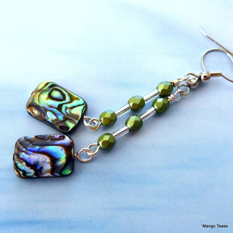 FREE US SHPIPING Beach Jewelry Mango Tease Abalone Paua Rectangle Shell Bead Glass Bead Dangle Earrings