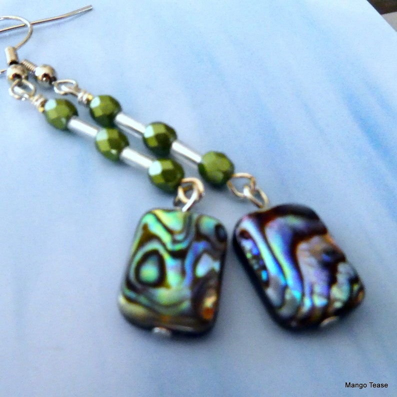 FREE US SHPIPING Beach Jewelry Mango Tease Abalone Paua Rectangle Shell Bead Glass Bead Dangle Earrings
