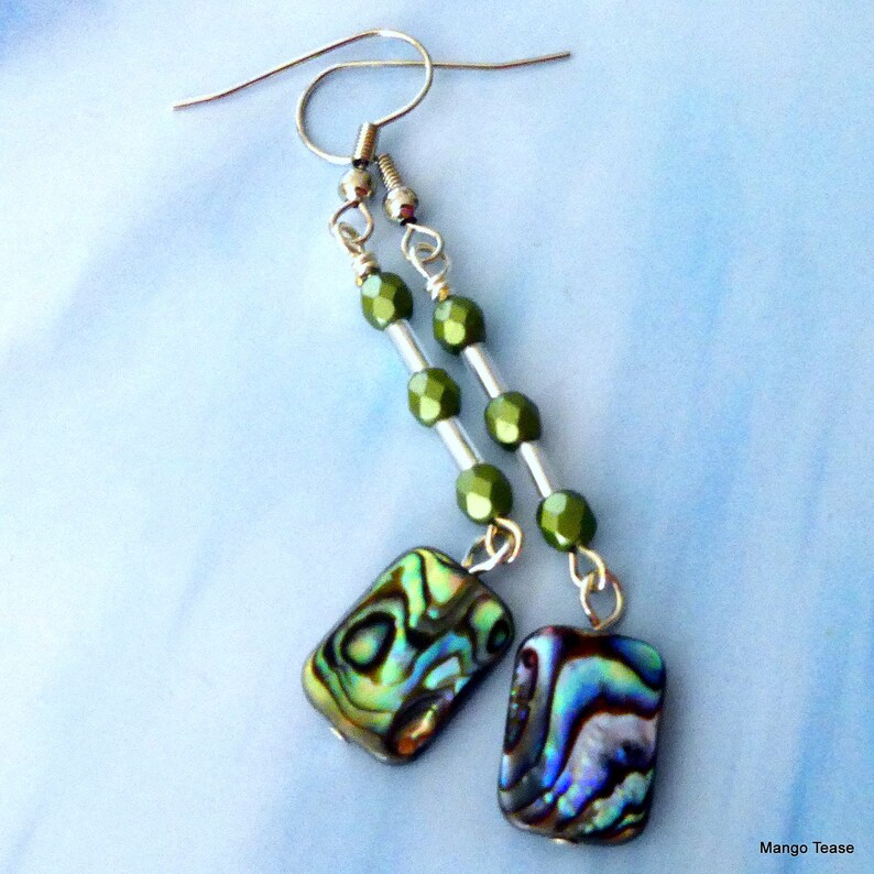 FREE US SHPIPING Beach Jewelry Mango Tease Abalone Paua Rectangle Shell Bead Glass Bead Dangle Earrings