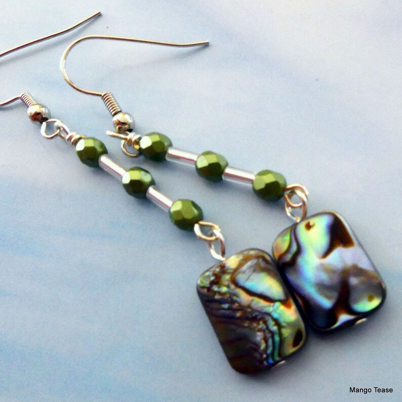 FREE US SHPIPING Beach Jewelry Mango Tease Abalone Paua Rectangle Shell Bead Glass Bead Dangle Earrings