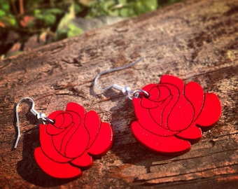 Wood Red Rose Earrings