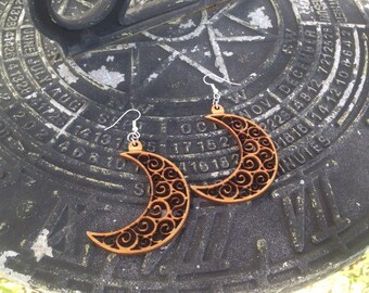 Wood Swirl Design Moon Style Two Dangle Earrings