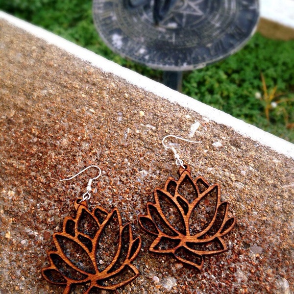 Wood Lotus Flower Earrings