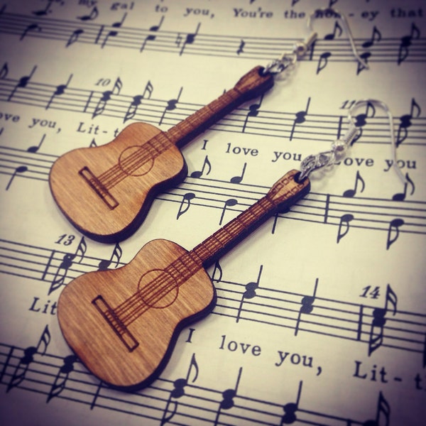 Wood Music Acoustic Guitar Earrings