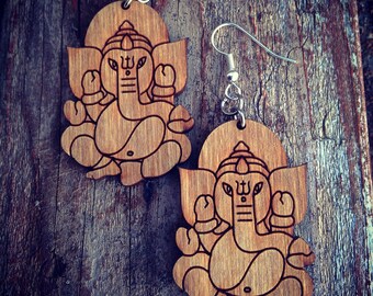 Wood Ganesha Elephant Earrings