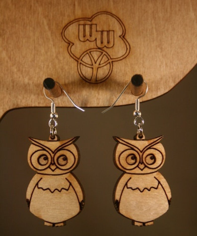 Wood Owl Dangle Earrings afbeelding 2