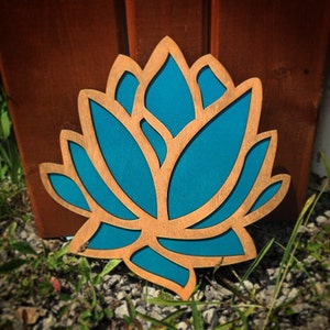 Wood and Teal Lotus Flower Wall Art
