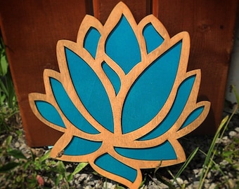 Wood and Teal Lotus Flower Wall Art