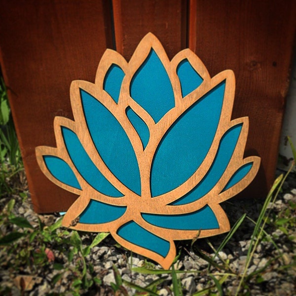 Wood and Teal Lotus Flower Wall Art