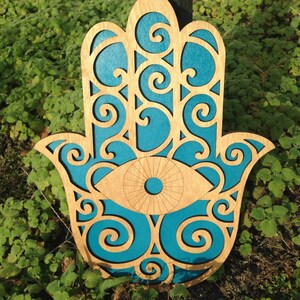 Wood and Teal Hamsa Wall Art