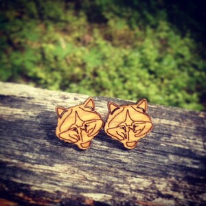 Natural Wood Wolf Stud Earrings